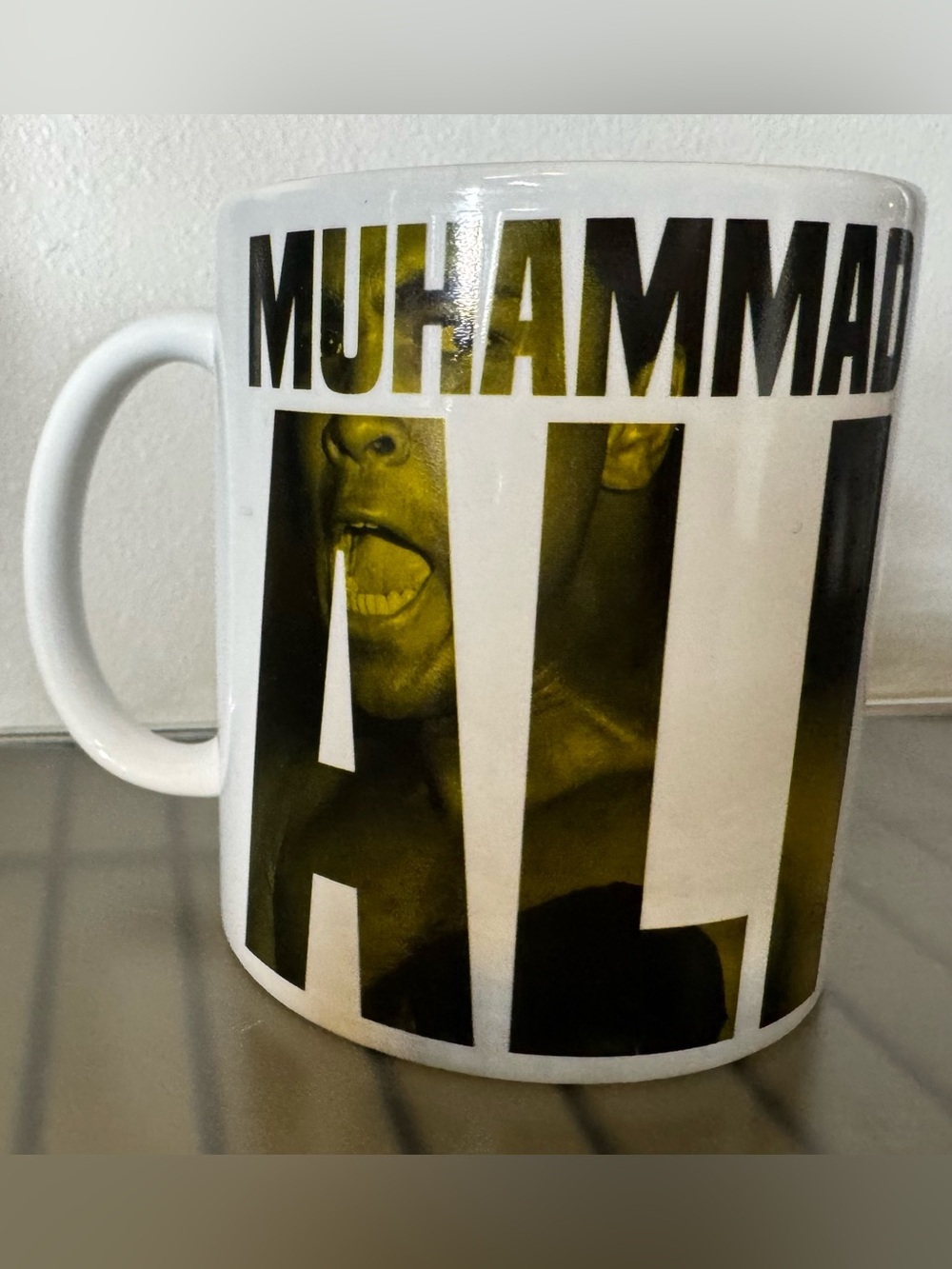 Muhammad Ali Graphic Ceramic Mug - White with Black & Gold Print 11oz nostalgic